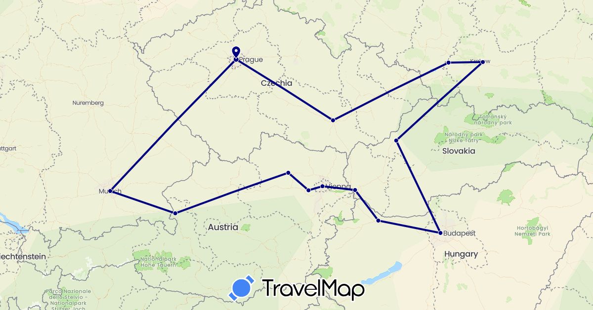 TravelMap itinerary: driving in Austria, Czech Republic, Germany, Hungary, Poland, Slovakia (Europe)